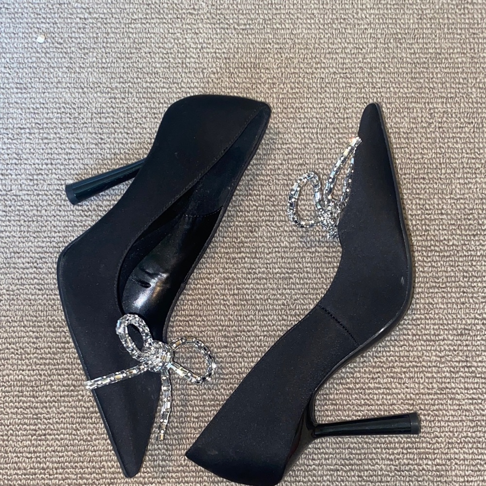 Zara Black Heels with Silver Rhinestone Embellished Bow sz 39 - Picture 3 of 9